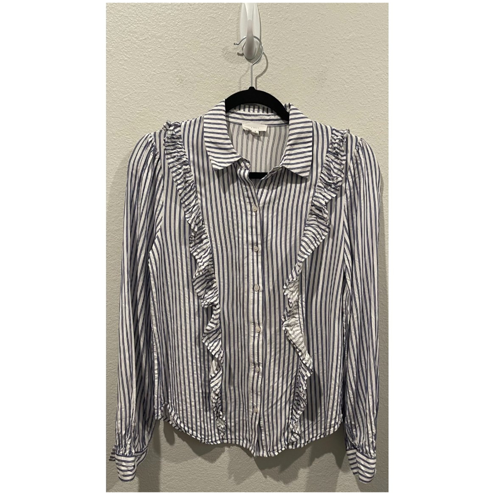 A LOVES A Striped Blue White Long Sleeve Ruffle Blouse